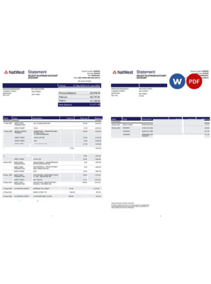 United Kingdom Natwest bank statement template in Word and PDF format 2 pages, version 2