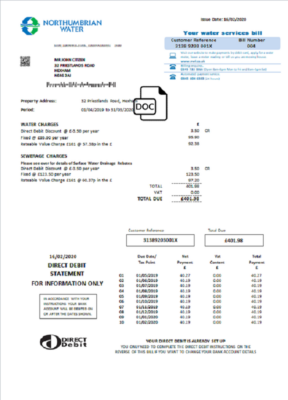 United Kingdom Northumbrian Water utility bill template in Word and PDF format, version 2