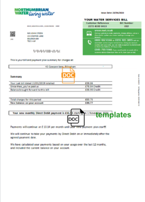 United Kingdom Northumbrian Water utility bill template in Word and PDF format, version 1