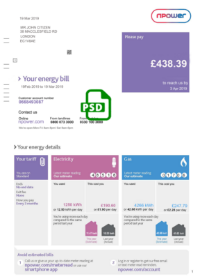 United Kingdom Npower utility bill template, fully editable in PSD format