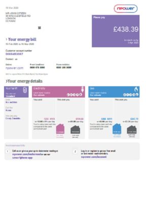 United Kingdom Npower utility bill template in Word and PDF format