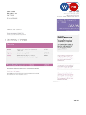 United Kingdom Npower utility bill, Word and PDF template