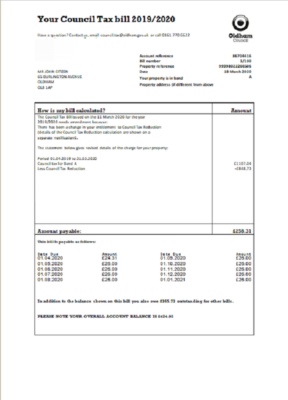 United Kingdom Oldham council tax bill template in Word and PDF format