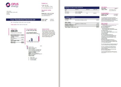 United Kingdom Opus Energy electricity utility bill template in Word and PDF format (2 pages)