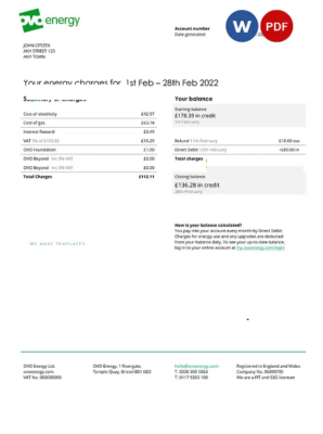 United Kingdom Ovo Energy electricity bill, Word and PDF template