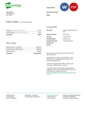 United Kingdom Ovo Energy utility bill, Word and PDF template