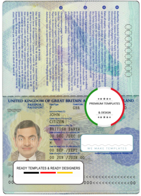 United Kingdom passport template in PSD format, fully editable, with all fonts