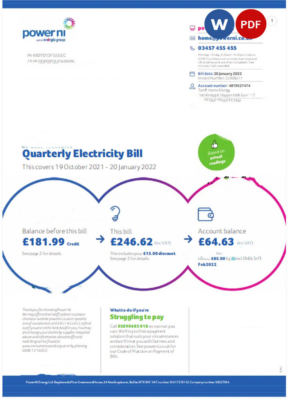 United Kingdom Power Ni utility bill Word and PDF template