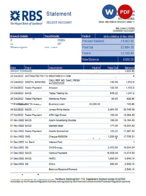 United Kingdom Royal Bank of Scotland (RBS) bank statement