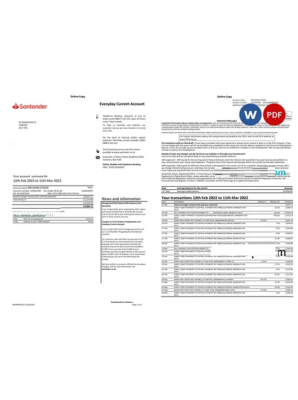 United Kingdom Santander bank statement Word and PDF template, 3 pages