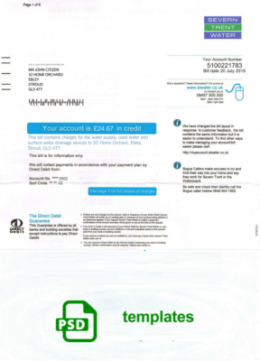 United Kingdom Severn Trent Water utility bill template, fully editable in PSD format