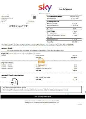 United Kingdom Sky utility bill statement template in Word and PDF format