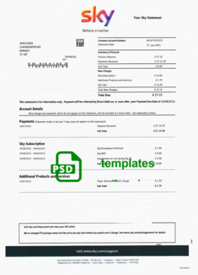 United Kingdom Sky utility bill template, fully editable in PSD format