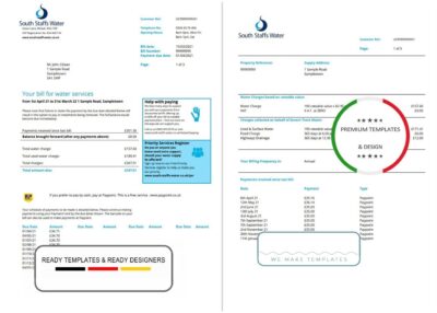 United Kingdom South Staffs Water utility bill template in Word and PDF format, 2 pages