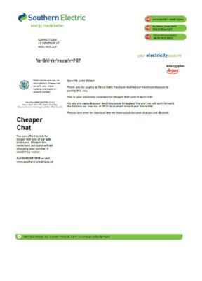 United Kingdom Southern Electric proof of address utility bill template in Word and PDF format