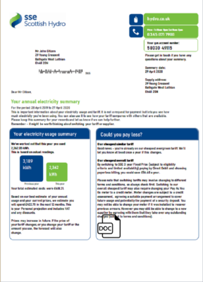 United Kingdom SSE Energy utility bill template in Word and PDF format, version 2