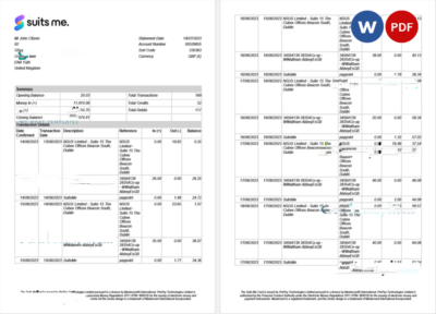 United Kingdom Suits Me bank statement Word and PDF template, 2 pages