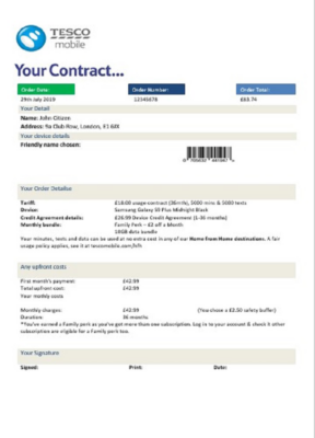 United Kingdom Tesco Mobile utility bill template in Word and PDF format