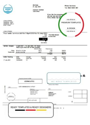 United Kingdom Thames Water utility bill template in Word and PDF format