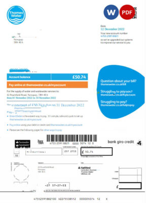 United Kingdom Thames Water utility bill Word and PDF template