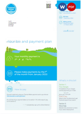 United Kingdom Thames Water utility bill Word and PDF template, version 3