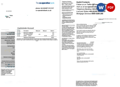 United Kingdom The Cooperative Bank statement Word and PDF template, 2 pages