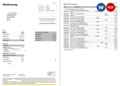 United Kingdom Think Money bank statement Word and PDF template, 3 pages