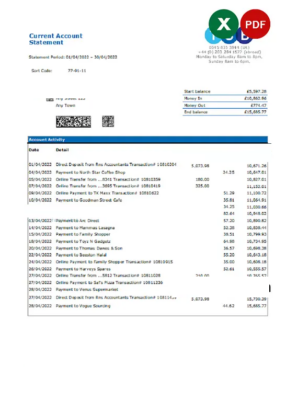 United Kingdom TSB bank statement, Excel and PDF template