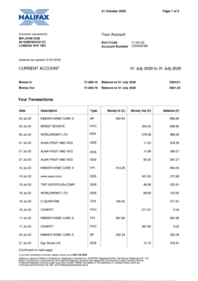 United Kingdom UK Halifax Bank Account Statement Template in Word & PDF formats – 2 pages