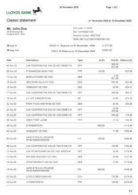 United Kingdom UK Lloyds Bank Account Statement Template in Word & PDF formats – 2 pages