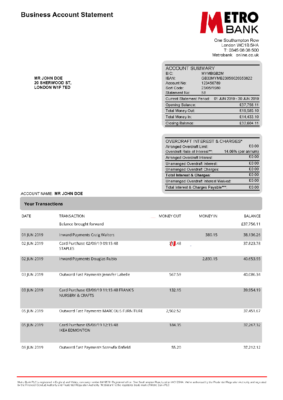 United Kingdom UK Metro Bank Account Statement Template in Word & PDF formats – 4 pages