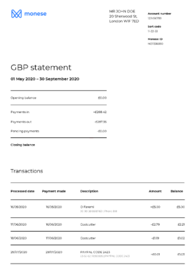 United Kingdom UK Monese Bank Account Statement Template in Word & PDF formats – 3 pages