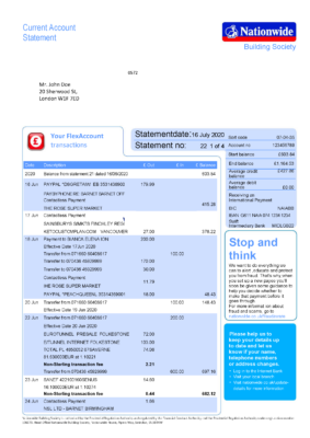 United Kingdom UK Nationwide Bank Account Statement Template in Word & PDF formats – 5 pages