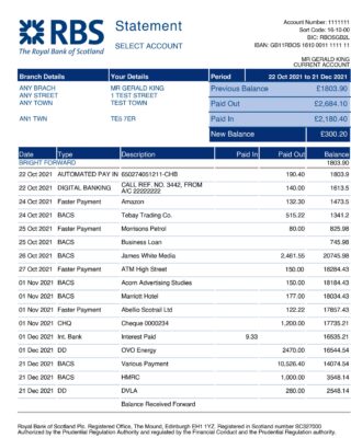 United Kingdom UK RBS (Royal Bank of Scotland) Bank Account Statement Template in Word & PDF formats