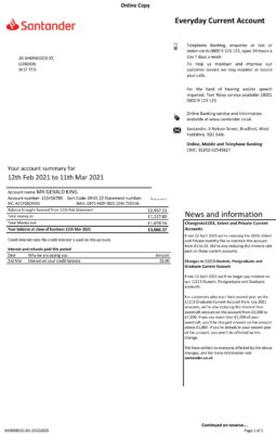 United Kingdom UK Santander Bank Account Statement Template in Word & PDF formats – 3 pages