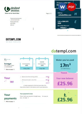 United Kingdom United Utilities utility bill Word and PDF template