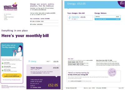 United Kingdom Utility Warehouse electricity utility bill template in Word and PDF format (6 pages)