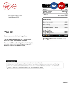 United Kingdom Virgin Media utility bill, Word and PDF template