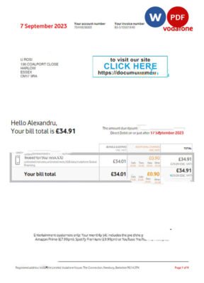 UNITED KINGDOM VODAFONE utility bill Word and PDF template