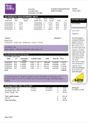 United Kingdom Warwick First Utility bill template in Word and PDF format