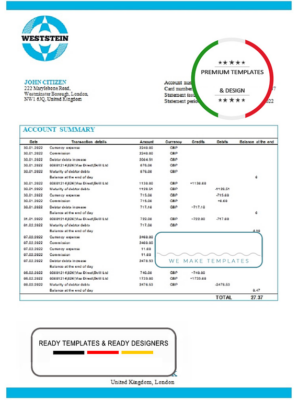 United Kingdom WestStein Bank statement template in Excel and PDF format