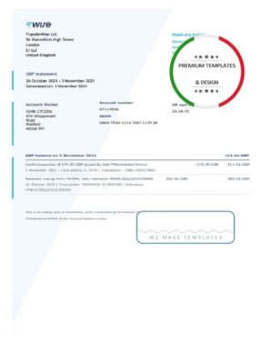 United Kingdom Wise bank statement template in Word and PDF format