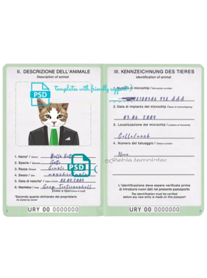 United States of America cat (animal, pet) passport PSD template, fully editable