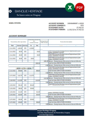 Uruguay Banque Hertage bank statement, Excel and PDF template