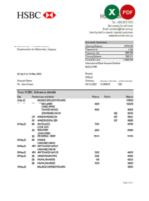 Uruguay HSBC bank statement, Excel and PDF template