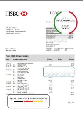 Uruguay HSBC bank statement template in Word and PDF format