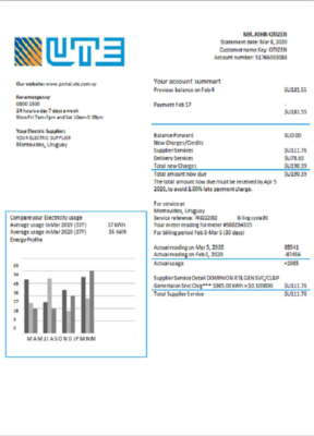 Uruguay UTE Company electricity utility bill template in Word and PDF format