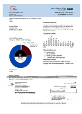 USA AEP Texas electricity utility bill template in Word and PDF format