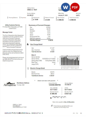 USA ALEXANDRIA utility bill Word and PDF template