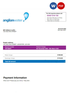 USA ANGLIAN WATER utility bill Word and PDF template